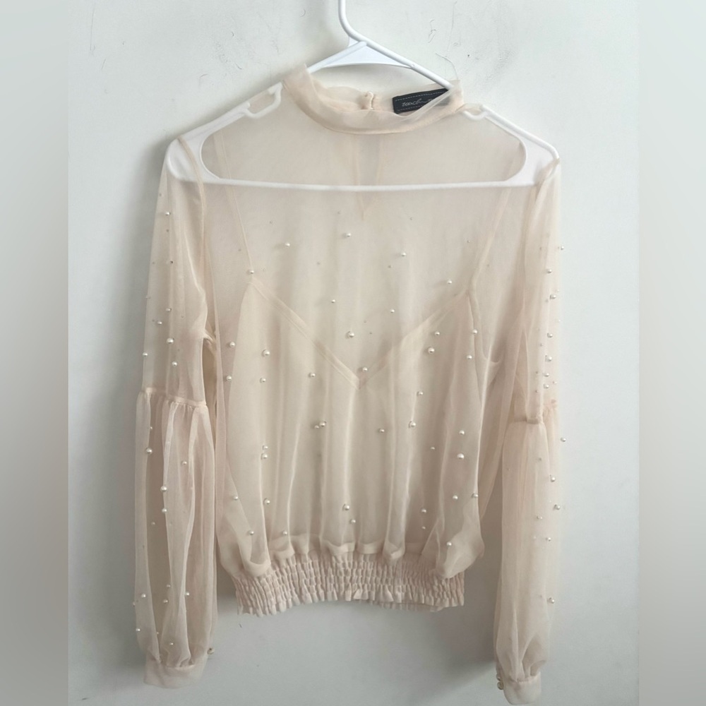 Touch me Blouse Cream Medium Sheer Beaded Mock neck Romantic Feminine Indie